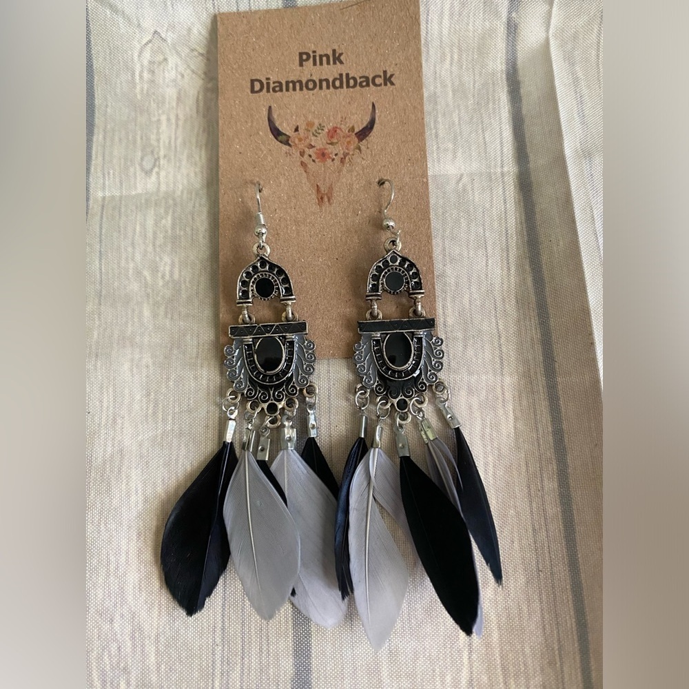 Pink Diamondback Western Silver-tone Indian Dangle Black Gray Feathers Earrings